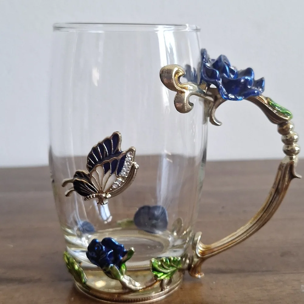 ​Enamel Blue Rose & Butterfly Glass Tea Mug | Vintage Style Floral Coffee Cup